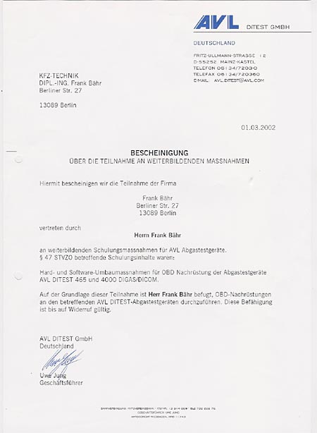AVL DiTEST Bescheinigung OBD-Nachrüstung