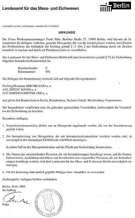 Landesamt für Mess- und Eichwesen Berlin – Urkunde Instandsetzer