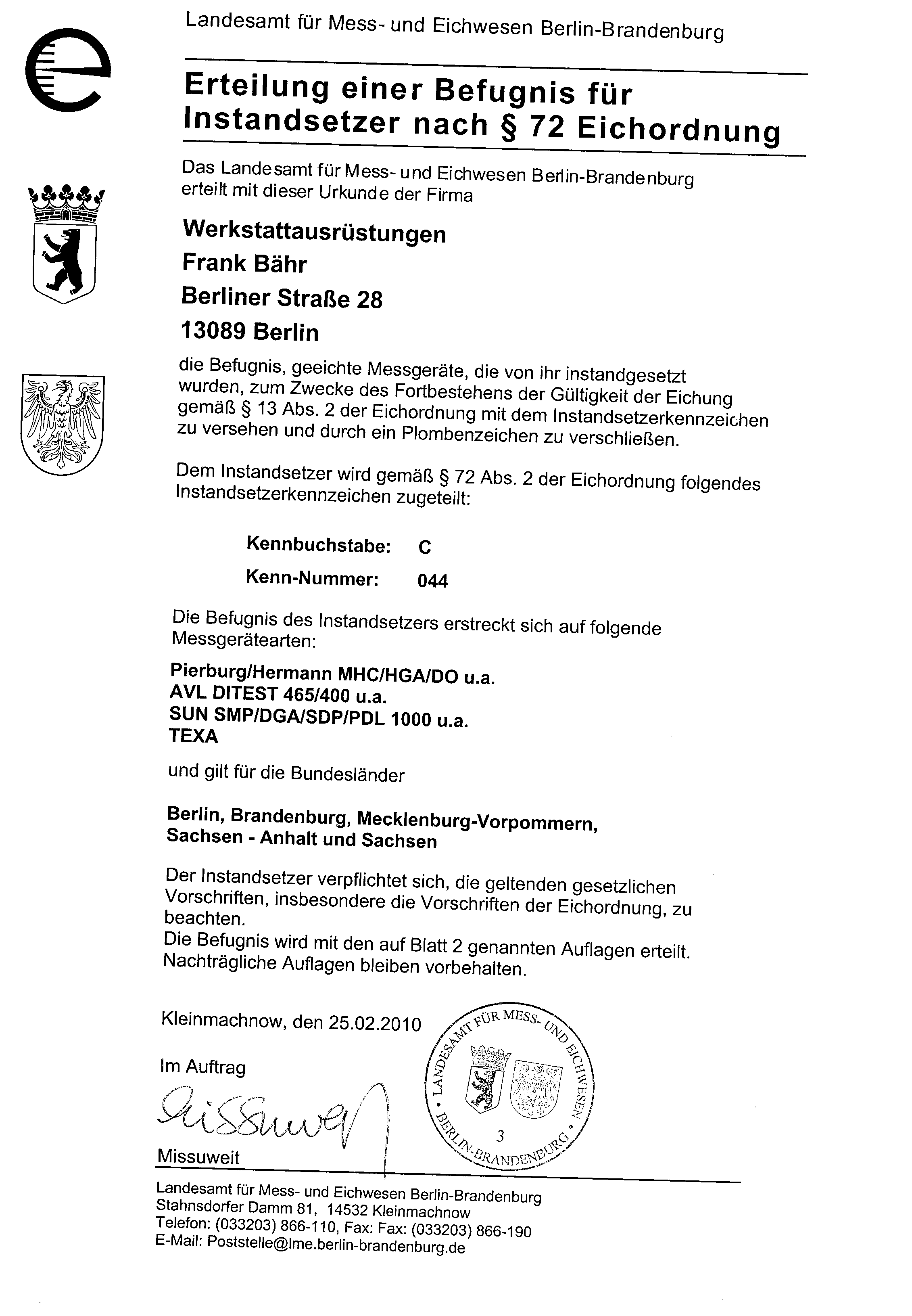 Eichamt Berlin-Brandenburg – Befugnis Instandsetzer §72 Eichordnung