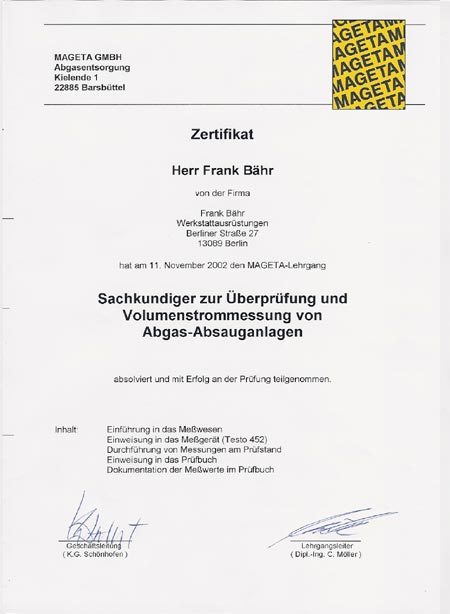 MAGETA Sachkunde Abgas-Absauganlagen