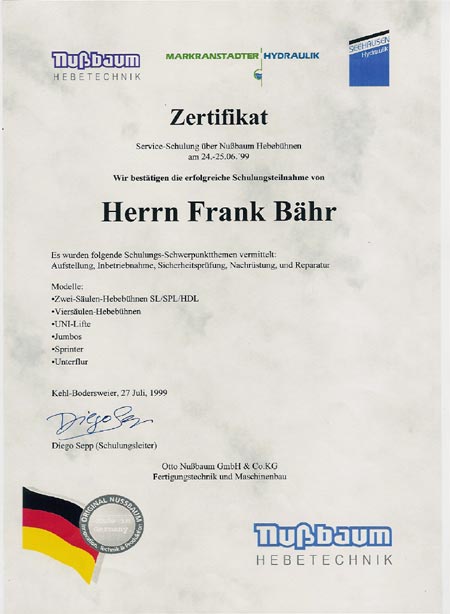 Nussbaum Hebetechnik Zertifikat