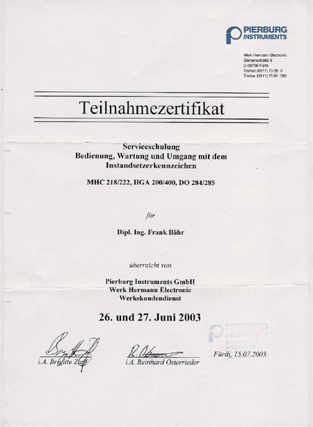 Pierburg Instruments Teilnahmezertifikat