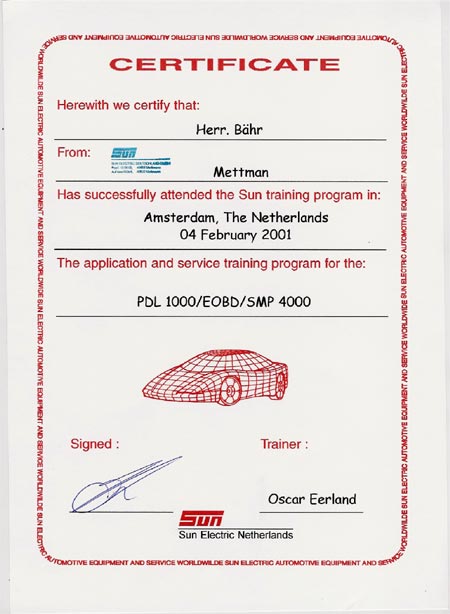 SUN Electric Zertifikat PDL 1000 / EOBD / SMP 4000